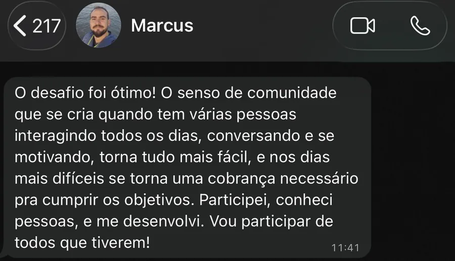 Mensagem do Marcus sobre o Escape21: o senso de comunidade torna tudo mais fácil, vou participar de todos que tiverem