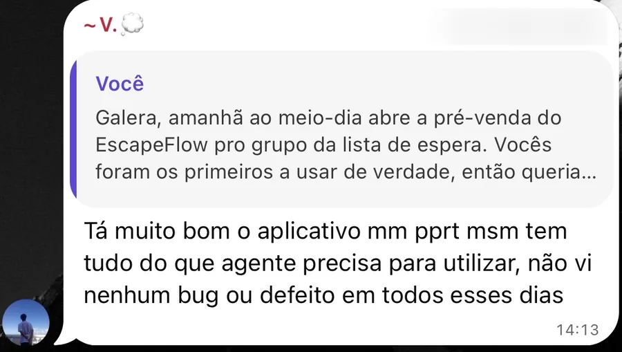 Mensagem do testador V.: tá muito bom o aplicativo, tem tudo que a gente precisa, não vi nenhum bug ou defeito em todos esses dias
